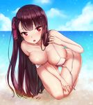  ankkoyom ass_visible_through_thighs bad_anatomy bare_shoulders beach bikini blush breasts cleavage day girls_frontline large_breasts long_hair looking_at_viewer one_side_up open_mouth purple_eyes purple_hair solo swimsuit teeth very_long_hair wa2000_(girls_frontline) wardrobe_malfunction wet white_bikini 