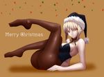  artoria_pendragon_(all) ass black_hat black_legwear blonde_hair bow breasts cleavage confetti fate_(series) green_bow green_ribbon hat highres looking_at_viewer medium_breasts merry_christmas orange_eyes pantyhose ribbon saber_alter santa_alter santa_hat solo sookmo 