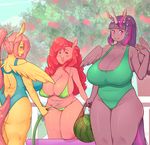  2017 absurd_res anthro anthrofied bikini blush clothing earth_pony equine eyes_closed female fluttershy_(mlp) friendship_is_magic group hair hi_res holding_object horn horse hose long_hair looking_at_viewer mammal my_little_pony outside pegasus pink_hair pinkie_pie_(mlp) pony rirouku swimsuit twilight_sparkle_(mlp) water winged_unicorn wings 