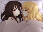  ^_^ bare_shoulders blanket blonde_hair blush brown_eyes brown_hair closed_eyes commentary couple futon hakurei_reimu happy highres kirisame_marisa long_hair looking_at_another multiple_girls no_hair_bow no_hair_ornament parted_lips profile riza_dxun shared_blanket shared_pillow sleeping smile touhou wavy_hair yuri 