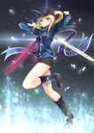  absurdres ahoge arms_up artoria_pendragon_(all) aura bangs baseball_cap black_background black_footwear black_hat black_shorts blonde_hair blue_eyes blue_jacket blue_scarf boots closed_mouth cross-laced_footwear diffraction_spikes dual_wielding eyebrows_visible_through_hair fate/grand_order fate_(series) full_body glowing glowing_floor glowing_sword glowing_weapon hair_between_eyes hat highres himitsucalibur holding jacket knee_boots lace-up_boots leg_up light_particles long_hair long_sleeves looking_at_viewer mysterious_heroine_x ponytail scarf serious shorts sidelocks solo standing standing_on_one_leg taro_(ultrataro) track_jacket weapon 