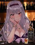  alcohol bar blush bottle bracelet breasts cleavage cup drinking_glass earrings hairband highres idolmaster idolmaster_(classic) jack_daniel's jewelry large_breasts long_hair necklace open_clothes open_shirt purple_hairband red_eyes shijou_takane shirt shot_glass silver_hair solo tuxedo_de_cat whiskey 