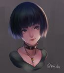  1girl artist_name blue_hair bowl_cut breasts brown_eyes choker cleavage collar eyebrows_visible_through_hair highres jewelry medium_breasts necklace persona persona_5 portrait short_hair simple_background solo studded_collar takemi_tae yuuten 