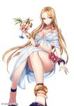  blonde_hair blue_eyes copyright_name cup flower food fruit gauntlets interitio official_art sid_story sitting solo swimsuit 