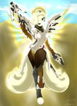  2017 3_fingers absurd_res anthro armor aura biped blizzard_entertainment blue_eyes caduceus_staff canine clothed clothing day detailed_background female flying fox front_view frown full-length_portrait fur gun hair halo handgun hi_res holding_object holding_weapon infinitedge2u looking_at_viewer mammal mercy_(overwatch) multi_tail outside overwatch portrait ranged_weapon signature sky snout solo video_games weapon white_fur white_hair white_wings wings 