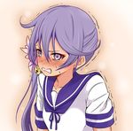  akebono_(kantai_collection) bell blush clenched_teeth commentary_request flower hair_bell hair_between_eyes hair_flower hair_ornament jingle_bell kantai_collection nose_blush purple_eyes purple_hair sailor_collar sailor_shirt shino_(ponjiyuusu) shirt short_sleeves side_ponytail solo sweat teeth trembling upper_body 