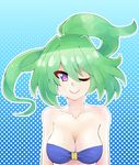  bikini blue_bikini blush breasts cleavage closed_mouth collarbone front-tie_top green_hair green_heart highres hips large_breasts long_hair looking_at_viewer mahruru medium_breasts neptune_(series) one_eye_closed ponytail power_symbol purple_eyes shiny shiny_hair shiny_skin side-tie_bikini smile solo swimsuit symbol-shaped_pupils tied_hair upper_body vert very_long_hair 