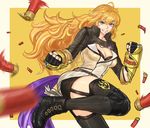  arm_cannon blonde_hair boots breasts clenched_hands combat_boots drill_(emilio) ember_celica_(rwby) fingerless_gloves garter_straps gloves grin gun jewelry knee_pads long_hair medium_breasts pendant purple_eyes rwby shell_casing shotgun smile solo thighhighs very_long_hair weapon yang_xiao_long 