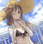  artist_name blush bow breasts brown_bow brown_eyes brown_hair brown_ribbon cleavage closed_mouth collarbone eyebrows_visible_through_hair hat hat_bow hat_ribbon highres hwayoung idolmaster idolmaster_cinderella_girls large_breasts long_hair looking_at_viewer mifune_miyu one_eye_closed ribbon smile solo upper_body 