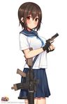  assault_rifle blush breasts brown_eyes brown_hair gun handgun highres hiiragi_hajime holding holding_gun holding_weapon ichigaya_ai large_breasts looking_at_viewer m1911 m4_carbine rick_g_earth rifle school_uniform serafuku short_hair smile solo weapon 