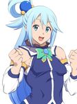  :d aqua_(konosuba) aqua_bow aqua_eyes aqua_hair bare_shoulders bow breasts covered_navel detached_sleeves funnyari hair_ornament kono_subarashii_sekai_ni_shukufuku_wo! long_hair looking_at_viewer muscle open_mouth simple_background small_breasts smile solo upper_body white_background 