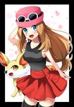  absurdres black_legwear blue_eyes blush breasts brown_hair collarbone fennekin gen_6_pokemon hat highres large_breasts long_hair looking_at_viewer open_mouth pink_hat pokemon pokemon_(creature) pokemon_(game) pokemon_xy red_skirt serena_(pokemon) skirt sleeveless smile thighhighs yuihiko 