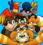  2015 anthro avian banjo-kazooie banjo_(banjo-kazooie) beak bear bird breegull brown_fur canine clothed clothing conker conker&#039;s_bad_fur_day daxter digital_media_(artwork) eyewear feathered_wings feathers female fur goggles hi_res jak_and_daxter kazooie looking_at_viewer male mammal mustelid ottsel rodent simple_background sly_cooper sly_cooper_(series) smile squirrel teeth video_games wings xiamtheferret 