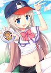  :d animal_print artist_name ball baseball_cap bike_shorts blonde_hair blue_eyes blue_sky bow bowtie cape cat_print cloud copyright_name crop_top day eyebrows_visible_through_hair fang grass hat holding holding_ball little_busters! long_hair looking_at_viewer maruma_(maruma_gic) midriff navel noumi_kudryavka open_mouth outdoors outstretched_arm red_bow red_neckwear shirt signature sitting sky smile solo stomach strelka sunlight thighhighs tied_shirt v white_legwear wristband 