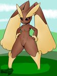  1girl animal_ears artist_name black_sclera breasts bunny_ears cloud collarbone full_body furry grass hands_on_hips highres legs_apart looking_at_viewer lopunny navel no_humans no_nipples outdoors pink_eyes pokemon pokemon_(creature) pokemon_dppt sev_(pelao0o) simple_background sky small_breasts smile solo standing text watermark 