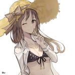  artist_name blush bow breasts brown_bow brown_eyes brown_hair brown_ribbon cleavage closed_mouth collarbone eyebrows_visible_through_hair hat hat_bow hat_ribbon highres hwayoung idolmaster idolmaster_cinderella_girls large_breasts looking_at_viewer mifune_miyu one_eye_closed ribbon smile solo upper_body 