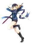  absurdres ahoge arms_up artoria_pendragon_(all) bangs baseball_cap black_footwear black_hat black_shorts blonde_hair blue_eyes blue_jacket blue_scarf boots closed_mouth cross-laced_footwear dual_wielding eyebrows_visible_through_hair fate/grand_order fate_(series) full_body hair_between_eyes hat highres himitsucalibur holding jacket knee_boots lace-up_boots leg_up long_hair long_sleeves looking_at_viewer mysterious_heroine_x ponytail scarf serious shorts sidelocks simple_background solo standing standing_on_one_leg taro_(ultrataro) track_jacket white_background 