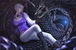  blue_eyes bob_cut boots breasts character_request commentary_request copyright_request dragon dress_shirt drill_(emilio) fantasy full_body gauntlets gloves highres large_breasts lips pants reclining shirt short_hair silver_hair single_gauntlet single_glove sitting solo vest 