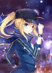  :o absurdres ahoge artoria_pendragon_(all) bangs baseball_cap black_hat blonde_hair blue_eyes blue_jacket blue_scarf building cloud eyebrows_visible_through_hair fate_(series) from_side hair_between_eyes hand_on_headwear hat highres jacket lights long_hair long_sleeves looking_at_viewer looking_to_the_side mysterious_heroine_x night night_sky open_clothes open_jacket ponytail purple_sky rojiura_satsuki:_chapter_heroine_sanctuary scarf shiny shiny_hair shirt sidelocks sky solo sparkle star_(sky) starry_sky taro_(ultrataro) track_jacket white_shirt wind wristband 