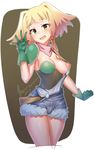  :d blonde_hair breasts commentary cowboy_shot cropped_legs eyebrows_visible_through_hair gloves green_eyes green_gloves highres kono_subarashii_sekai_ni_shukufuku_wo! looking_at_viewer medium_breasts nipples open_mouth overalls ran_(konosuba) smile solo tilt-shift twitter_username waving 