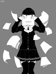  absurdres artist_name bad_id bad_pixiv_id black_legwear black_nails black_skirt facing_viewer greyscale highres holding holding_paper long_sleeves monochrome nail_polish original paper rachel_bouvier school_uniform skirt solo thighhighs 