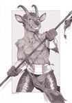  5_fingers anthro clothed clothing fur greyscale hair horn kyander male monochrome satyr simple_background solo topless 
