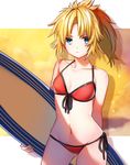  absurdres ayamori_mimi bikini blonde_hair breasts contrapposto cowboy_shot fate/grand_order fate_(series) front-tie_top green_eyes groin highres long_hair looking_at_viewer mordred_(fate)_(all) mordred_(swimsuit_rider)_(fate) navel ponytail prydwen red_bikini side-tie_bikini small_breasts solo standing surfboard swimsuit 