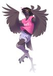  2017 anthro avian barefoot beak bird black_beak black_hair clothed clothing corvid feathered_wings feathers female hair kyander open_mouth raven simple_background smile white_background wings yellow_eyes 