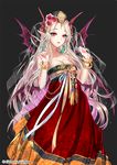  blonde_hair copyright_name demon_wings elf flower hair_flower hair_ornament hat interitio jewelry korean_clothes multiple_wings official_art pointy_ears red_eyes sid_story solo wings 