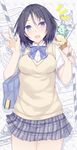  black_hair blue_eyes blush breasts cardigan commentary_request heterochromia ice_cream_cone looking_at_viewer medium_breasts nishi_minami open_mouth original purple_eyes school_uniform short_hair solo suterii 