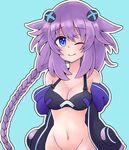  blue_background blue_eyes blush bra braid breasts cleavage collarbone hair_ornament jacket kami_jigen_game_neptune_v large_breasts long_hair mahruru midriff navel neptune_(series) no_panties one_eye_closed open_clothes open_jacket purple_hair purple_heart shin_jigen_game_neptune_vii simple_background smile stomach tied_hair twin_braids underwear 