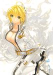  ahoge bad_id bad_pixiv_id blonde_hair blush boots breasts chain cleavage closed_mouth eyebrows_visible_through_hair fate/extra fate/extra_ccc fate_(series) gloves green_eyes high_heel_boots high_heels large_breasts lloule lock looking_at_viewer nero_claudius_(bride)_(fate) nero_claudius_(fate)_(all) short_hair smile solo thigh_boots thighhighs white_footwear white_gloves 
