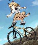  ? animal_ears bangs belt bicycle black_bow blonde_hair bow bowtie commentary day elbow_gloves fur_collar gloves ground_vehicle jaguar_(kemono_friends) jaguar_ears jaguar_print jaguar_tail kakizaki_(chou_neji) kemono_friends miniskirt motion_lines mountain_bicycle multicolored multicolored_clothes multicolored_hair multicolored_legwear outdoors parted_lips print_legwear riding shirt shoes short_hair short_sleeves skirt sky solo standing tail thighhighs white_footwear white_shirt yellow_eyes yellow_legwear yellow_skirt 