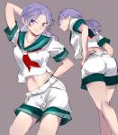  1girl arm_up bare_legs chamaruku closed_mouth commentary_request copyright_request cosplay crop_top crop_top_overhang forehead green_sailor_collar grey_background high-waist_shorts kneepits kumoi_ichirin lavender_eyes lavender_hair long_hair looking_at_viewer multiple_views murasa_minamitsu murasa_minamitsu_(cosplay) navel neckerchief no_eyes red_neckwear sailor_collar shirt short_sleeves shorts side_slit sideways_mouth simple_background sketch smile stomach touhou triple_horizontal_stripe tsurime white_shirt white_shorts widow&#039;s_peak widow's_peak 