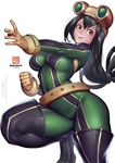  :&gt; artist_name asui_tsuyu bangs belt black_eyes black_hair blush bodysuit boku_no_hero_academia bokuman boots breasts character_name clenched_hand frog_girl gloves goggles goggles_on_head green_bodysuit green_hair hair_rings large_breasts long_hair looking_at_viewer low-tied_long_hair simple_background smile solo thigh_boots thighhighs watermark web_address white_background yellow_gloves 