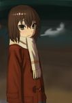  absurdres boku_dake_ga_inai_machi brown_hair child closed_mouth coat commentary_request green_eyes highres hinazuki_kayo looking_at_viewer red_coat scarf serious short_hair solo wasabi60 white_scarf 
