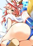  ;d animal_ears ass back bad_id bad_pixiv_id bikini blue_bikini blush breasts brown_eyes ears_through_headwear fate/grand_order fate_(series) fox_ears fox_tail hat innertube large_breasts long_hair looking_at_viewer one_eye_closed open_mouth pink_hair sandals smile solo swimsuit tail tamamo_(fate)_(all) tamamo_no_mae_(fate) tamamo_no_mae_(swimsuit_lancer)_(fate) towel uekan 