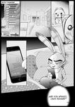  anthro black_and_white clothed clothing comic disney english_text jack_savage lagomorph male mammal monochrome phone rabbit rem289 solo text toy zootopia 