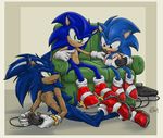  black_eyes blue_quills bracelet clothing eye_contact footwear gloves green_eyes group hedgehog jewelry lying mammal multicolored_quills quills sega_genesis shoes sitting sofa sonic_(series) sonic_the_hedgehog swirlything tan_quills teenager tongue tongue_out two_tone_quills white_quills young 