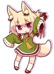  animal_ears bell blonde_hair blush chibi detached_sleeves eyebrows_visible_through_hair fox_ears fox_tail full_body kemomimi-chan_(naga_u) kneehighs looking_at_viewer naga_u original parted_lips purple_eyes sandals short_hair sleeves_past_wrists solo tail white_legwear 