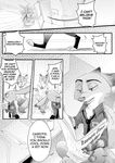  anthro black_and_white canine clothed clothing comic cup dialogue disney english_text female fox judy_hopps lagomorph male mammal monochrome newspaper nick_wilde rabbit rem289 text zootopia 