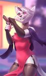  5_fingers anthro black_lips black_nose blurred_background breasts cat feline female gun hair holding_object holding_weapon kyander mammal pink_eyes ranged_weapon smile weapon white_hair wide_hips 