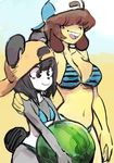  anthro beach bear big_breasts bikini black_eyes black_fur black_hair breast_size_difference breasts brown_hair canine clothing colo dog duo female flat_chested food fruit fur hair hair_over_eyes hat kenny_(kenashcorp) mammal melon open_mouth open_smile panda sam_(colo) seaside smile swimsuit watermelon white_fur yellow_fur 