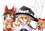  &gt;_&lt; bags_under_eyes benikurage black_hat blonde_hair blue_bow blush bow breasts brown_eyes brown_hair brown_scarf cleavage cookie_(touhou) fang hair_bow hair_tubes hakurei_reimu hat highres holding horns ibuki_suika kirisame_marisa large_breasts long_sleeves looking_at_another looking_away mars_(cookie) multiple_girls orange_hair pai_kebon_baa parted_lips red_bow scarf short_hair smelling sweat thought_bubble touhou translated witch_hat 