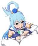  1girl aqua_(konosuba) aqua_bow aqua_eyes aqua_hair bar_censor bare_shoulders blush bow breast_press breasts caressing_testicles censored clothed_female_nude_male detached_sleeves fellatio funnyari hair_ornament half-closed_eyes hetero kono_subarashii_sekai_ni_shukufuku_wo! large_breasts long_hair looking_at_viewer naughty_face nude open_mouth oral penis pov pubic_hair simple_background smile tongue tongue_out white_background 