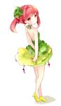  absurdres arms_behind_back backless_dress backless_outfit bangs bare_legs bare_shoulders blunt_bangs blush commentary dress eyebrows_visible_through_hair food_themed_hair_ornament green_dress green_ribbon hair_ornament high_heels highres layered_dress looking_at_viewer looking_back neck_ribbon original personification radish red_eyes red_hair ribbon shoes short_twintails simple_background solo strapless strapless_dress tsukiyo_(skymint) twintails walking white_background yellow_footwear 