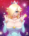  bare_shoulders blonde_hair blue_eyes blush breasts crown dress earrings hair_over_one_eye jadenkaiba jewelry large_breasts long_hair looking_at_viewer mario_(series) rosetta_(mario) smile solo super_mario_bros. super_mario_galaxy 