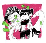  1girl aori_(splatoon) baseball_cap belt bike_shorts black_gloves black_hair breasts crop_top dj_takowasa earrings gloves green_sclera hand_on_hip hat highres jewelry limited_palette medium_breasts midriff mole mole_under_eye navel octarian octopus pink_eyes pointy_ears short_sleeves simple_background splatoon_(series) splatoon_2 spoilers stomach_tattoo sunglasses taikodon tattoo tentacle_hair tentacles turtleneck white_background 