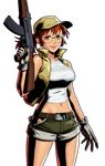  ak-47 assault_rifle baseball_cap brown_hair fio_germi glasses gloves gun hat metal_slug metal_slug_attack metal_slug_defense official_art rifle shorts solo transparent_background vest weapon 