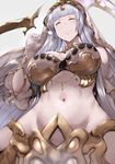  breasts bridal_veil cleavage closed_eyes commentary echidna_(granblue_fantasy) elbow_gloves from_below gloves granblue_fantasy hair_ornament hews_hack highres lamia large_breasts long_hair mimikaki monster_girl navel silver_hair smile solo veil white_gloves 
